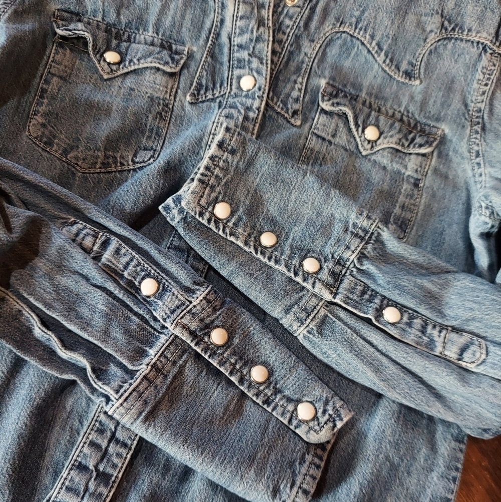 Girls Stetson Western Denim Pearl Snap Long Sleeve Shirt - Picture 8 of 8